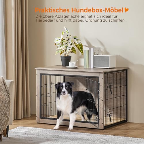 Yaheetech Hundekäfig Möbel mit Hundedecke & 2 Türen, Hundebox für Zuhause, Moderne Hundehütte Indoor, Hundebox Holz für Wohnzimmer, 96x65x68 cm, Grau
