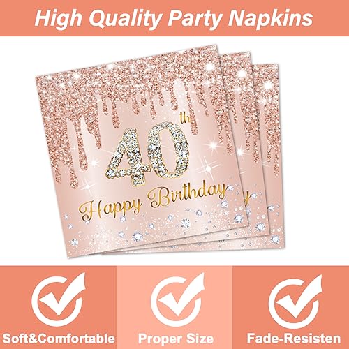Image of 96PCS Rose Gold 40th Birthday Party Paper Plates and Napkins Forty Years Old Table Decorations 40th Birthday Disposable Dessert Tableware Set Serves 24 Guests Girl Ladies Women Party Supplies Favors