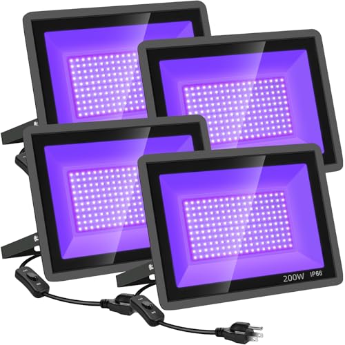 YANYCN 200W 4 Pack LED Black Light, Outdoor Blacklight Flood Lights with Plug and Switch, IP66 Rated for Glow in The Dark, Halloween Party, Body Paint, Aquarium
