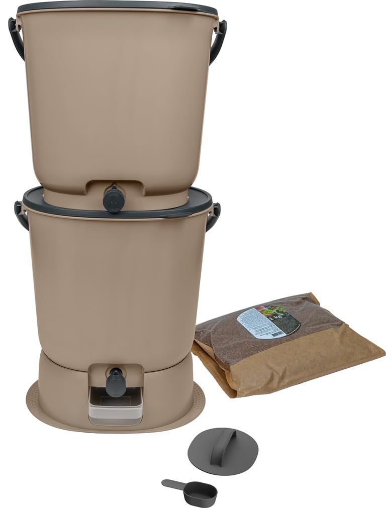 Lot de 2 composteurs Bokashi Essential 15,3L+1kg de Brain+1 Base-Capuccino