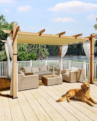 KYBOLT 10x13 Ft Outdoor Pergola with Retractable Canopy Aluminum Gazebo Imitation Wood-Grain Post with Side Mesh Screen Pavilion for Backyard Deck(Beige+White)