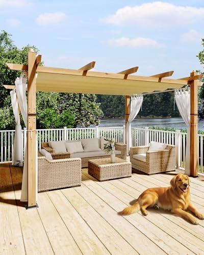 KYBOLT 10x13 Ft Outdoor Pergola with Retractable Canopy Aluminum Gazebo Imitation Wood-Grain Post with Side Mesh Screen Pavilion for Backyard Deck(Beige+White)