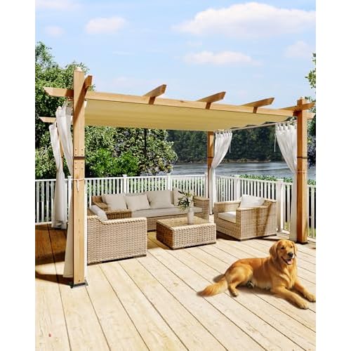 KYBOLT 10x13 Ft Outdoor Pergola with Retractable Canopy Aluminum Gazebo Imitation Wood-Grain Post with Side Mesh Screen Pavilion for Backyard Deck(Bei