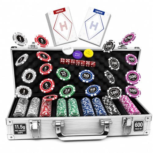 Image of 1000 Piece Numbered Poker Chip Set 11.5g Heavyweight Iron Core Chips with Aluminum Case Playing Cards Dealer Buttons for Texas Holdem Blackjack Casino Gaming | Iron core chips, 2 decks, 5 dice, dealer, small /big blind buttons. Blackjack, casino game nights, home parties, mancave.