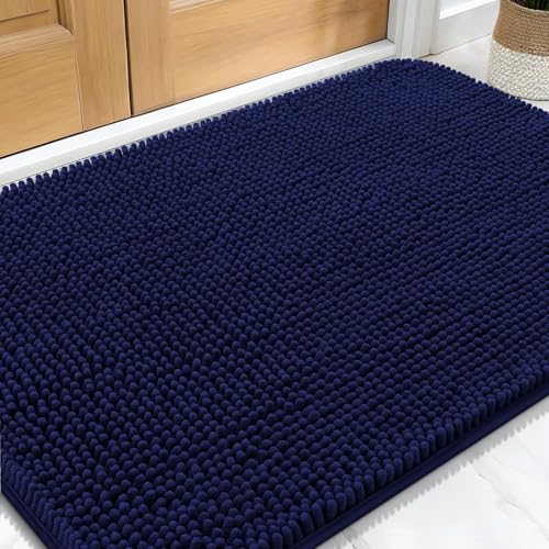 Image of smiry Absorbent Chenille Door Mat for Muddy Shoes & Paws, 43x76, Navy Blue
