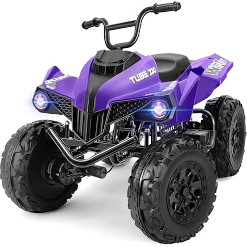 ELEMARA 24V Iron-Frame 2 Seater Ride on ATV for Big Kids,Heavy-Duty Kids ATV,Electric Quad ATV,400W Motor with 2 Speed,Battery Operated Kid car,LED Light,Bluetooth,Music,Spring Suspension,Purple