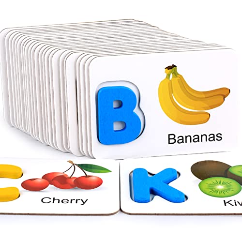 lifcasual Jogo de correspondência de quebra-cabeça com letras de madeira Alfabeto Flash Cards pré-es