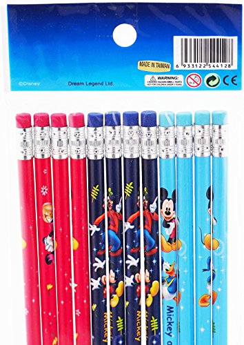 Disney Mickey Mouse Pencils Set - Pack of 12 Wood Pencils with Erasers and Stickers (Mickey Mouse School Supplies) (12 Pencils)