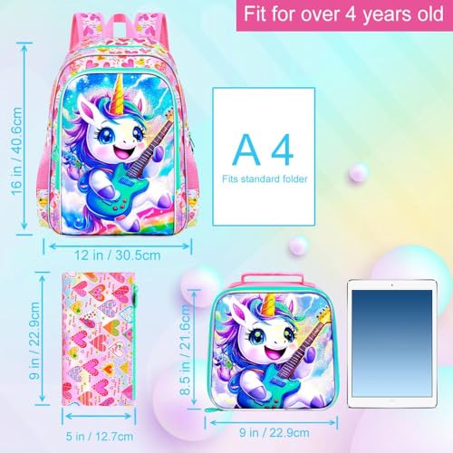 Image of 16 inch Unicorn Backpack, 3Pcs Girls School Bookbag Set with Lunch Box,Kids Backpacks for Elementary Preschool Kindergarten (Pink)