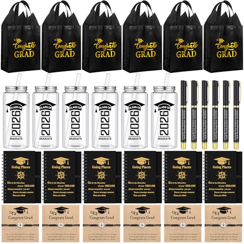 Glenmal Black Gold 30 Pcs Graduation Gifts Bulk Congrats Grad Gift Bag with Tissue Paper Class of 2026 Plastic Tumbler with Straw Inspirational Spiral Notebook Pen Bracelet Card for Grad Party Favor
