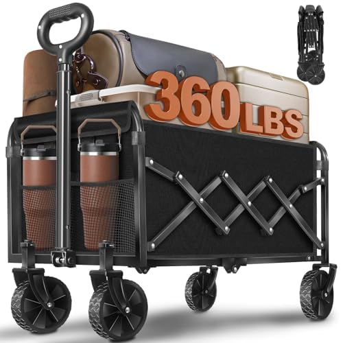 Image of Collapsible Wagon, Wagons Carts Foldable, Foldable Wagon Cart with Wheels, Folding Wagons for Beach Camp Sports Garden, 2 Cup Holders /Lightweight Portable /Black /360 LBS
