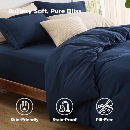 Image of Bedsure Duvet Cover with Fitted Sheet Queen - Deep Pocket, Hotel Luxury Soft Double Brushed Bedding Set with Zipper Closure, 1 Duvet Cover, 1 Fitted Sheet, 2 Pillow Shams, NO Comforter, Blue