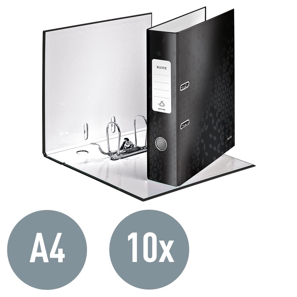 Leitz Aktenordner A4, schwarz, 80 mm Rückenbreite, WOW-Reihe, Aktenordner und Ordner, 10052095, 10 Stück, Design kann variieren