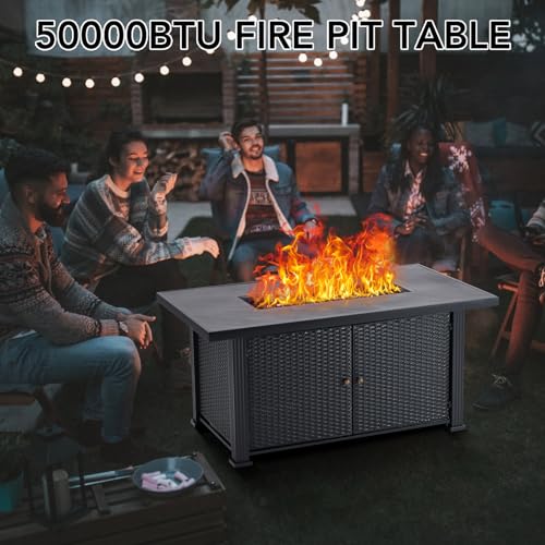52 Inch Propane Fire Pit Table, 50000BTU Rectangle Fire Table with Cover & Rain Cover, Sturdy Steel and Iron Fence Surface, CSA Safety Certified, Companion for Your Garden (Enlarged Version)