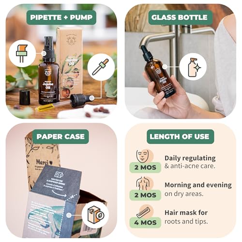 BIONOBLE Organic Jojoba Oil Cold Pressed Unrefined - Balances Sebum, Smoothes, Anti-Acne - 100% Pure Jojoba Oil for Skin, Face, Hair, Body - Vegan, Hexane Free - Glass Bottle, Pipette and Pump - 50ml - Image 3