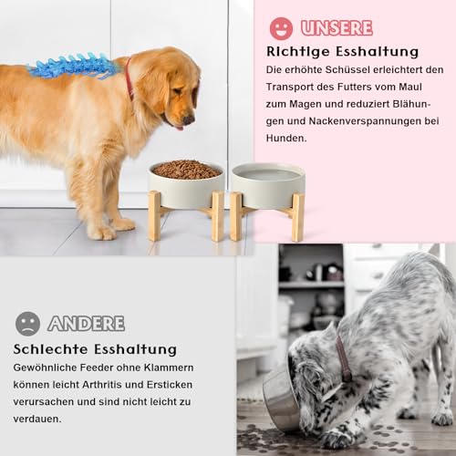 SPUNKYJUNKY Hundenapf Keramik Erhöhter Futternapf Set mit Bambus Ständer für Katzen und Hunde (400ml, Grau)