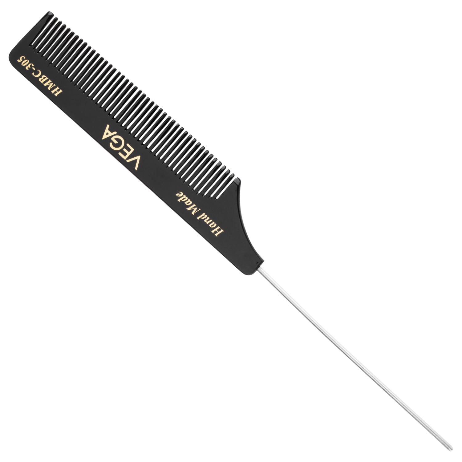 Vega Tail Comb With Steel Pin And Fine Tooth, Black