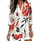 Boho Floral Print Roll Up Long Sleeve Shirts for Women Fashion Oversized Casual Loose Beach Vacation Spring Blouses Tops XL