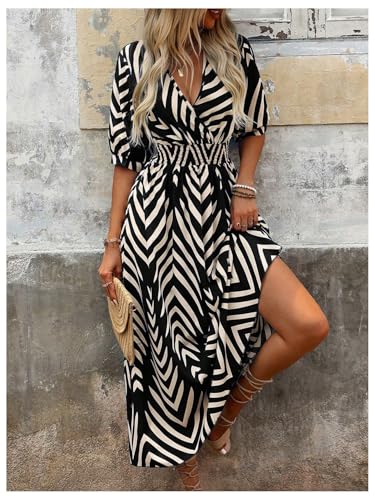 Image of SweatyRocks Women's Summer Half Sleeve Wrap V Neck Smocked A Line Midi Dress