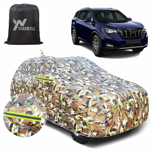 Image of Car Body Cover for Mahindra XUV 700, 100% Waterproof, Heat-Resistant with Mirror & Antenna Pockets, Soft Cotton Lining, Triple Stitched, Green Reflector (Jungle Print)