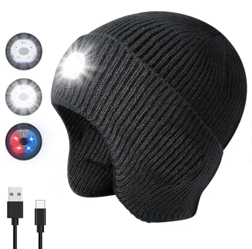 Gorro con luz, gorro mejorado con luz integrada, gorro unisex con linterna LED para cabeza, gorro de punto cálido USB, gorro de punto cálido con orejeras, gorro recargable de invierno para caminar,