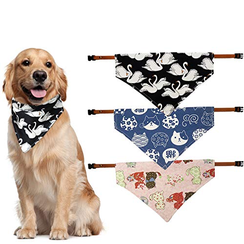 Olsa 3 Pack Dog Bandana Collar with Adjustable Buckle, Hand Made Dog Collar Dog Bids, Floral Print Dog Birthday Bandana, Washable Dog Kerchief Set, Triangular Dog Scarf for Small to Large Cats Dogs