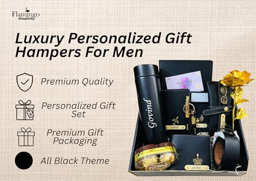 Image of Personalized Men's Gift Hamper | Custom Name Set - Diary, Temp Bottle, Wallet, Belt, Passport Cover, Keychain, Pen, Sunglass Cover, Golden Rose, Chocolate & Card