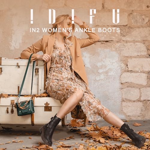 IDIFU Biker Boots for Women Combat Motorcycle Moto Women's Ankle Boots Comfortable Two Buckles Lug Sole Chunky Low Heel Short Boots Fall Fashion Cute Trendy Dressy Side Zipper Boots Booties for Women2