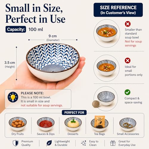 Image of MARKET 99 Ceramic Blue Small Chutney Bowl Set of 3 (100 ml) | Mini Serving Bowls for Sauces, Dips, Condiments & Small Portions | Ideal for Chutney, Pickles & Side Servings for Dining Table