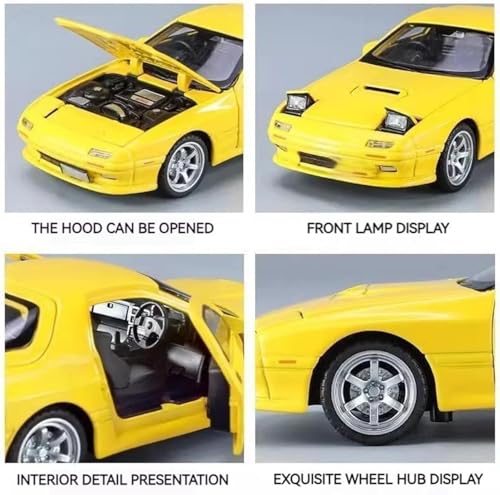Image of 1:32 Mazda RX-7 Diecast Metal Car Model, Pull Back Toy Car with Openable Doors, Sound & Light Effects, Alloy Vehicle for Kids Boys Girls & Collectors (Yellow)