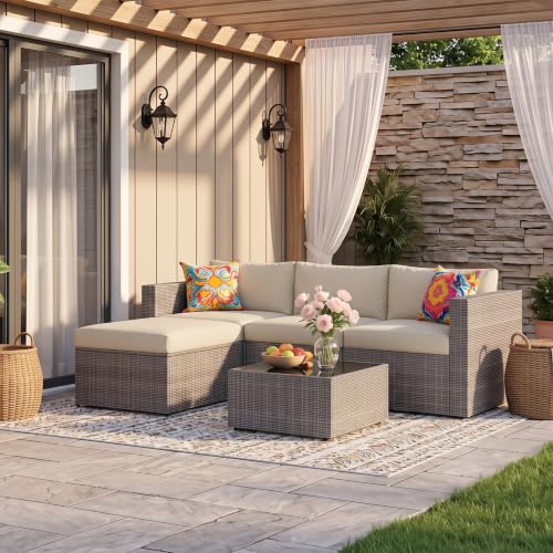 Image of Wisteria Lane 5 Piece Outdoor Patio Furniture Set | All Weather Wicker Patio Sectional Sofa Set with Cushions & Glass Coffee Table for Backyard Garden Balcony, Beige