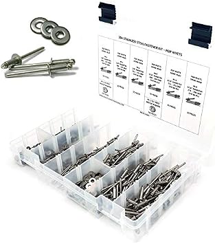 Stainless Steel Domed Pop Rivet Fastener Assortment Kit with Backing Rivet Washers - 601 Pieces - 304 Grade - Sizes 4 1/8 to 6 3/16