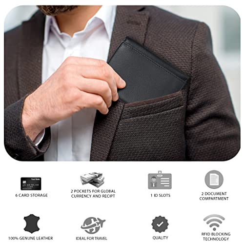 Image of Tri fold Leather Wallet for Men with RFID | Slim Wallets for Men with 1 ID and 6 Credit card slots | Front Pocket Minimalist