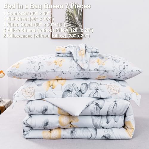 Image of lasoftan Floral Queen Comforter Set with Sheets, 7 Piece Luxury Vintage Bedding, Soft Microfiber Bed in a Bag, Cozy Lightweight Bed Set, Grey Yellow Leaves