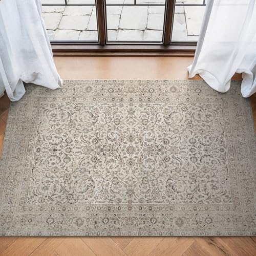 Bloom Rugs Washable Non-Slip 3' x 5' Rug - Beige/Off White Traditional Bordered Area Rug for Living Room, Bedroom, Dining Room, and Kitchen - Exact Size: 3' x 5'