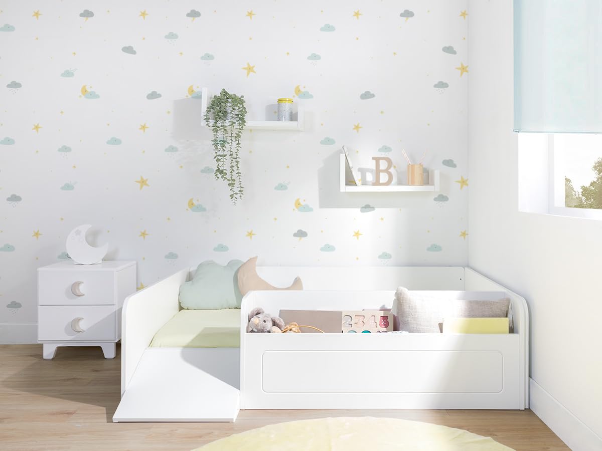 Bainba - Cama Montessori Blanca con Almacenaje y Rampa - 70x140cm