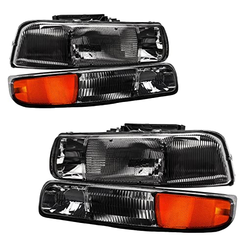 A&P 99-02 Silverdao Replacement Headlight Assembly for 00-06 Tahoe Suburan 1500 2500 01-02 Silverado 1500HD 2500HD 3500 Black Housing Amber Reflector Smoke Lens Driver and Passenger Side