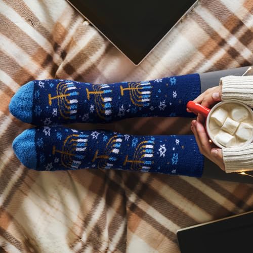 Image of Menorah Hanukkah Fuzzy Socks - Cozy Winter Holiday Crew Socks Unisex Size 10-13 - Soft Festive Blue Menorah Design with Snowflakes - Perfect Warm Gift for Chanukah Celebration