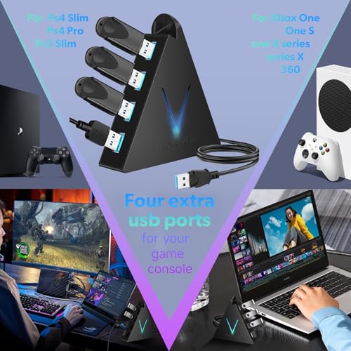 Image of 4-Port USB 3.0 Hub, FlyingVHUB Vertical Data USB Hub with 2 ft Extended Cable, for Mac, PC, Xbox One, PS4, PS5, iMac, Surface Pro, XPS, Laptop, Desktop, Flash Drive, Mobile HDD