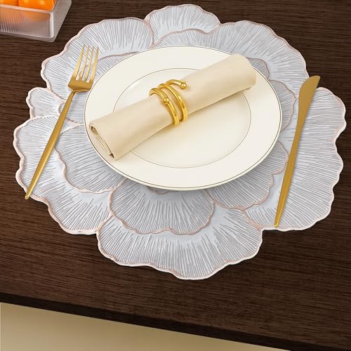 Image of Yellow Weaves 2 Pcs PVC Round Table Placemats, Dining Table Mat, Stain Resistant, Anti-Skid, Waterproof, Washable, Dining, Kitchen, Restaurant Table Set Easy to Clean, Durable (Floral Rose Gold)