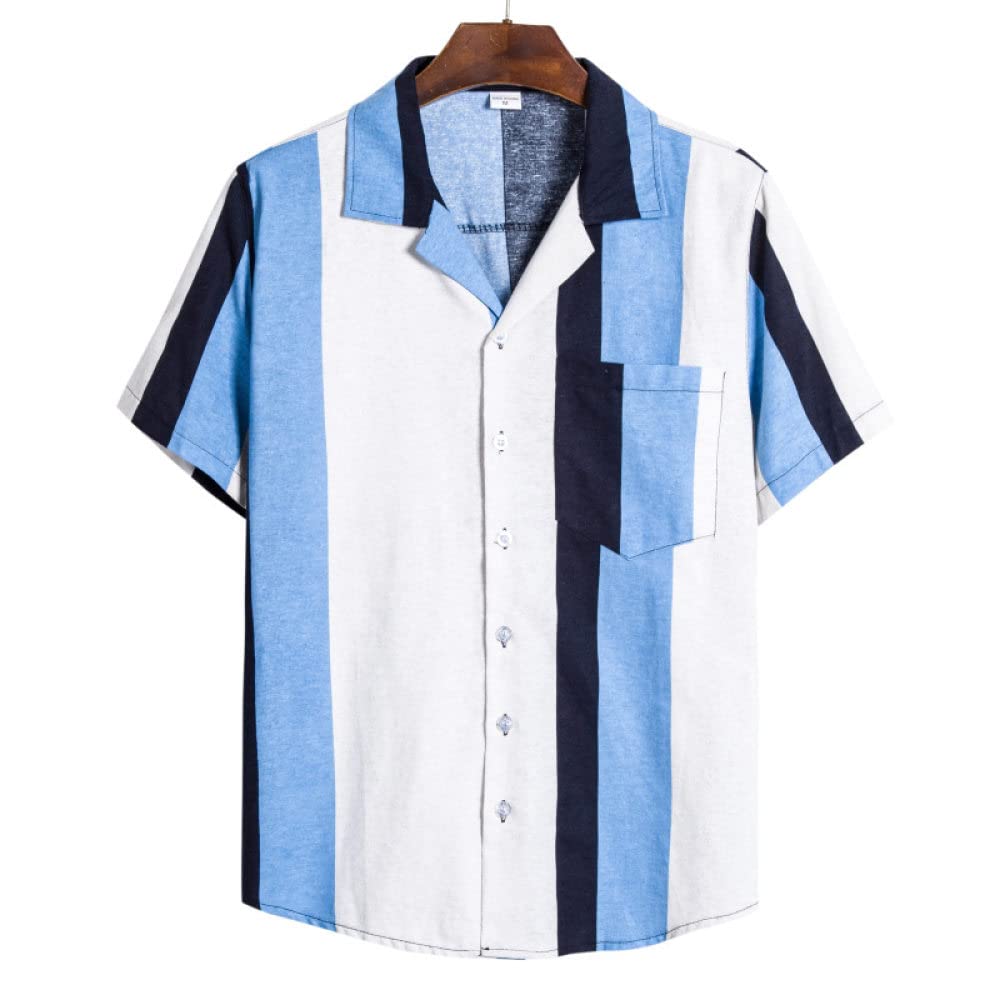 Camisa Hawaiana Hombre, Camisa Hawaiana para Hombre Y Pantalones Cortos De Playa Hawaianos Conjunto De Rayas De Lino De Algodón Azul Trajes De Hawaii Camisa De Playa De Manga Corta Casual Y Pantalo