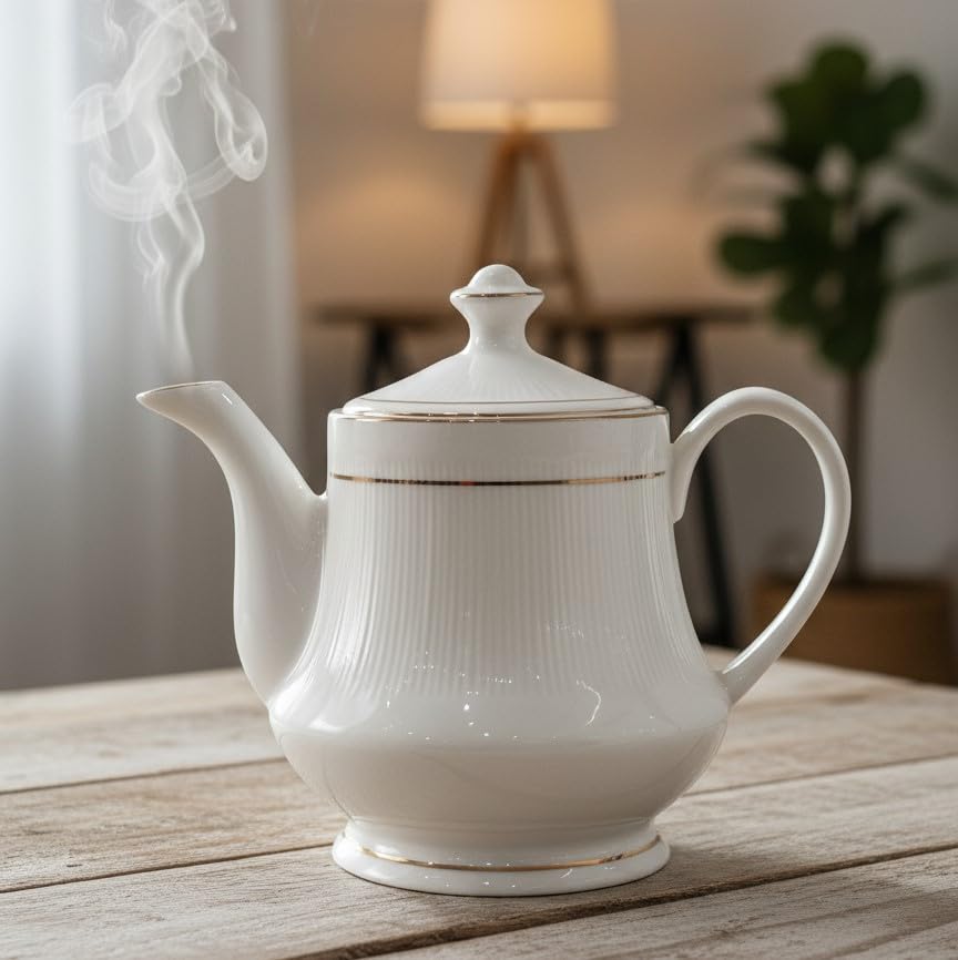 Femora Elegant White Bone China Teapot with Gold Trim | 1700 Ml | - Ideal for Tea Parties, Gifting, and Home Decor