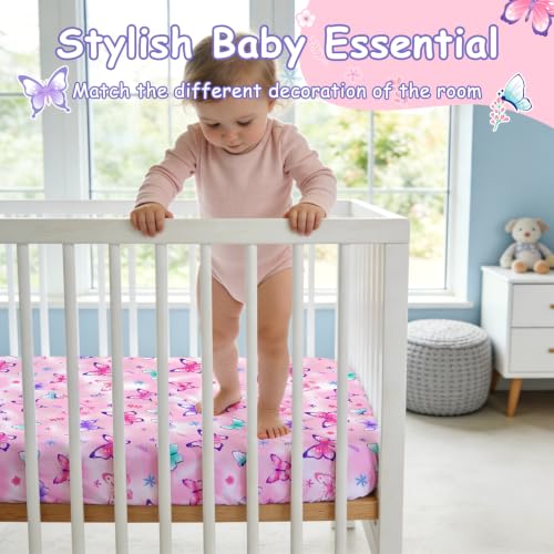 Image of JISEN Baby Fitted Crib Sheets for Boys Girls 52x28 Inch Butterfly Pink