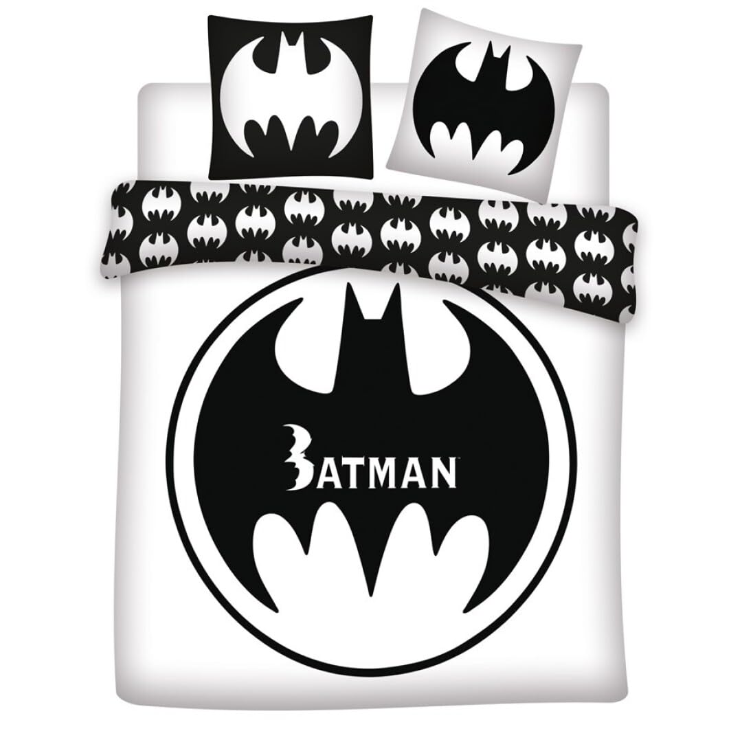 Aymax White Batman Logo Double Bedding Set, Reversible Duvet Cover 240 X 220 Cm + 2 Pillowcases 65 X 65 Cm, Polycotton, Black And