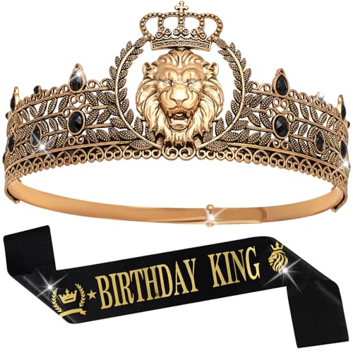 YOUlDIANZI Men Crown & Birthday Sash Men Crown for King Mens Tiara Prince Diadem Royal Medieval Cosplay Birthday Prom Halloween Hair Accessories(Ancient Gold & Black)