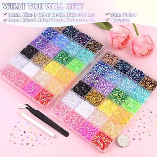Image of 2 Boxes Jelly Rhinestones for Bedazzling, 36600Pcs 3mm & 4mm Multicolor Flatback Resin Gems for Crafting, Bedazzler Kit with Tweezer for DIY Crafts Book Fabric Decor Nail Art