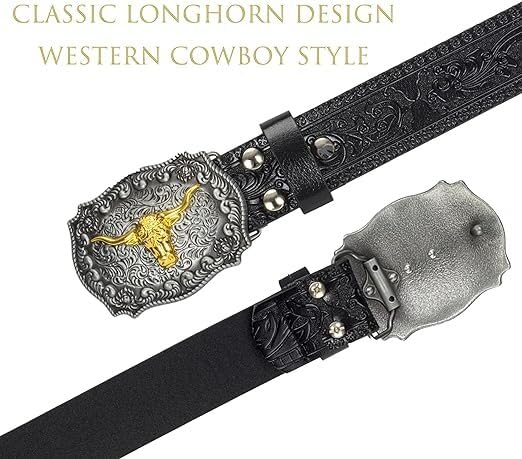 Women Men Western-Leather-Belt Carved-Cowgirl-Belts Country-Rodeo-Belt with Bull Head Buckles for 25''-39” Waist4