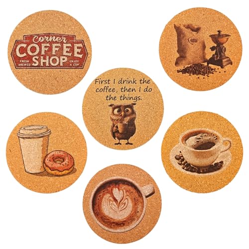 Premium Solid Cork Coffee Coasters Set – 4" Durable & Long-Lasting Coffee Coasters with Vibrant Designs (Antique Coffee Bean, Latte Heart, Cup & Donut, Vintage Coffee Shop Sign & More)