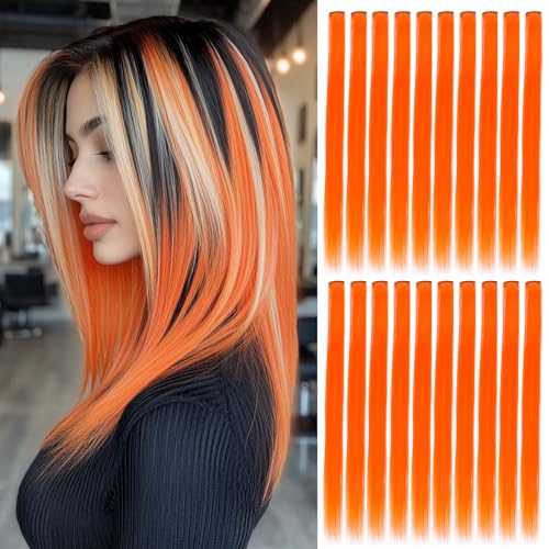 Sedfzo 20 PCS Clip in Colored Hair Extensions 22 Inch Long Straight Party Highlights Synthetic Hairpieces for Girls Kids Women Cosplay Birthday (Orange#)