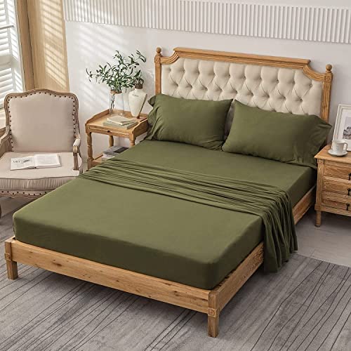 Pure Era Jersey Knit 4Pc Bed Sheet Set 100% T-Shirt Cotton Super Soft Comfy Breathable Fits Mattress Up To 20" Extra Deep Pocket (Olive Green, Cal King) #TOP6